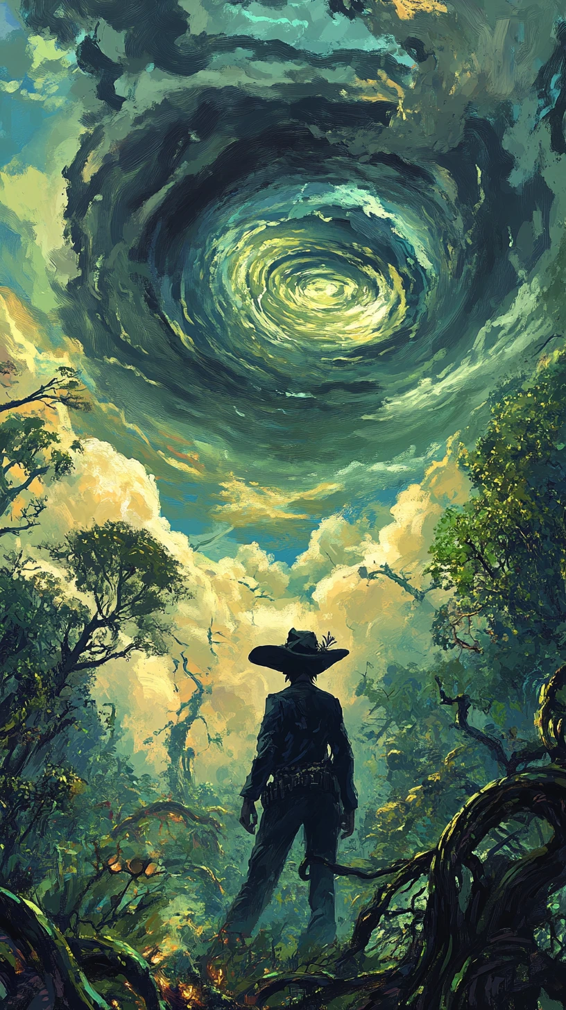 在旋轉夢幻天空下微笑的超現實強盜