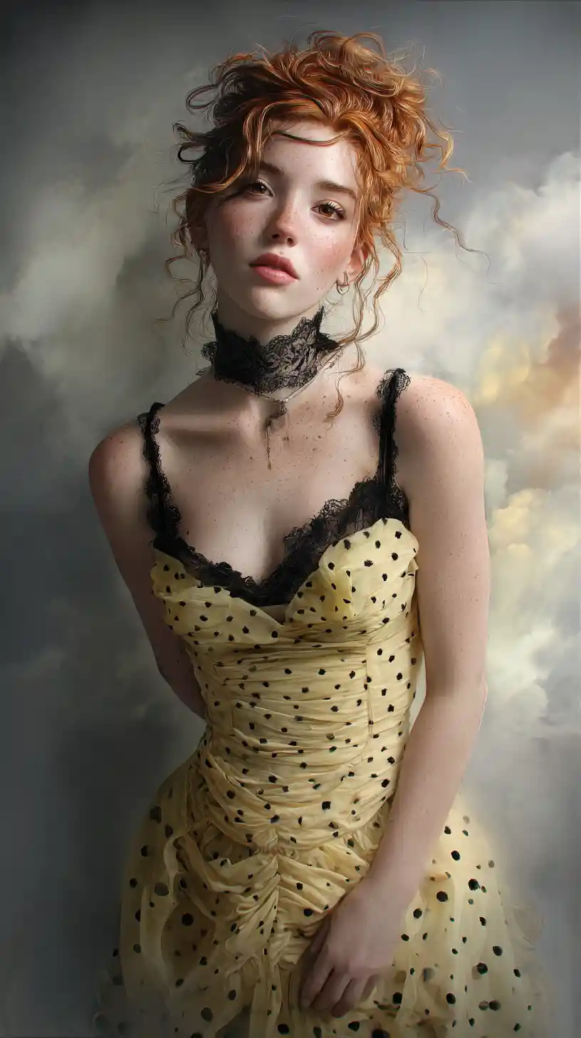 Freckled red haired woman in yellow dress against misty sky