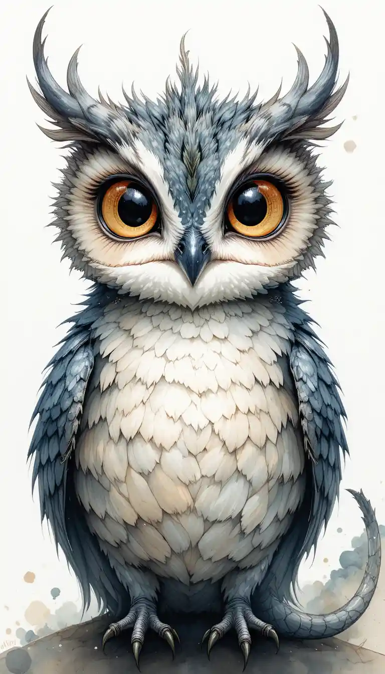 Traumhafte Aquarellzeichnung einer kleinen lächelnden Eule mit glänzenden Augen