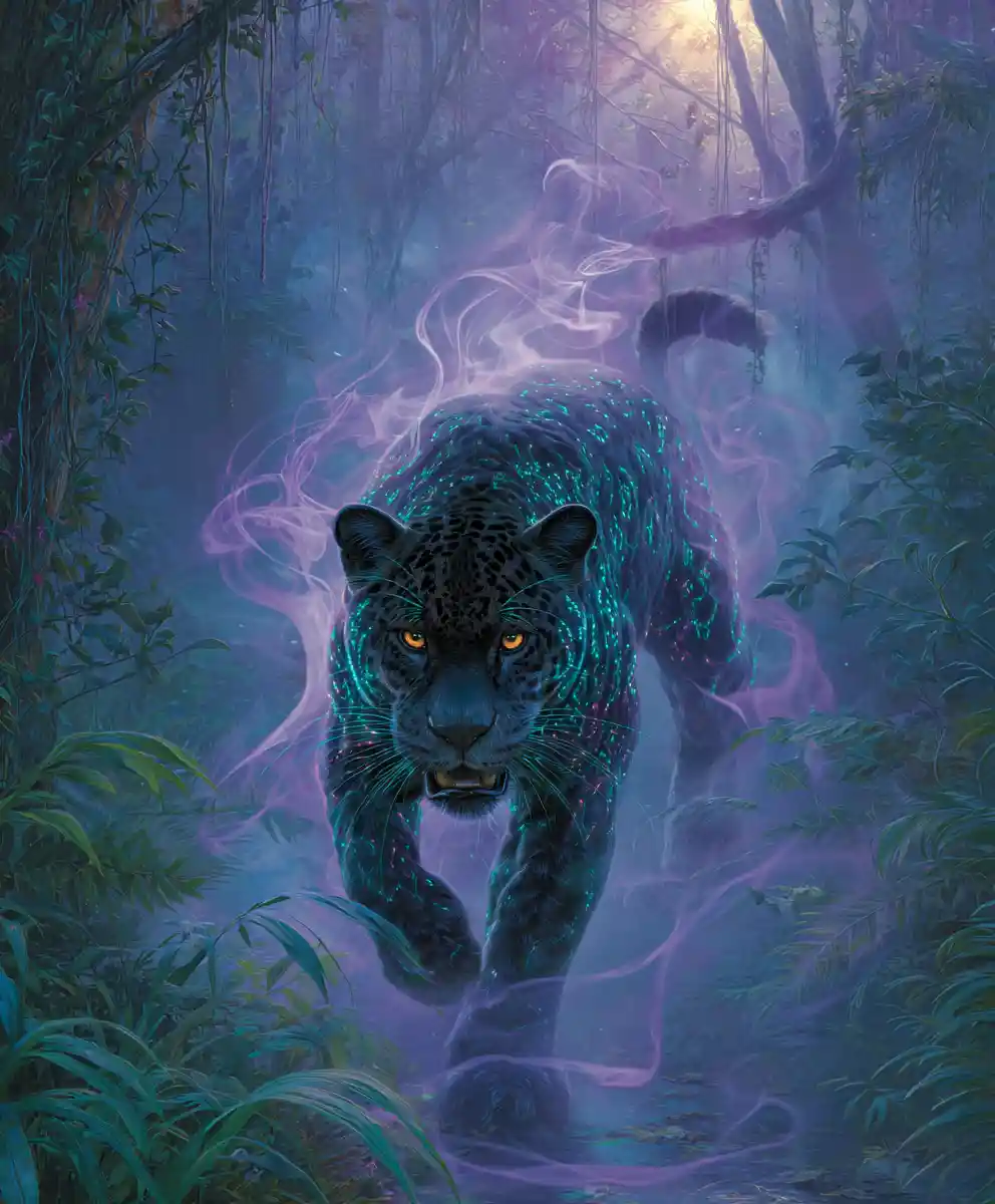 Bioluminescent jaguar emerging from swirling mystical smoke
