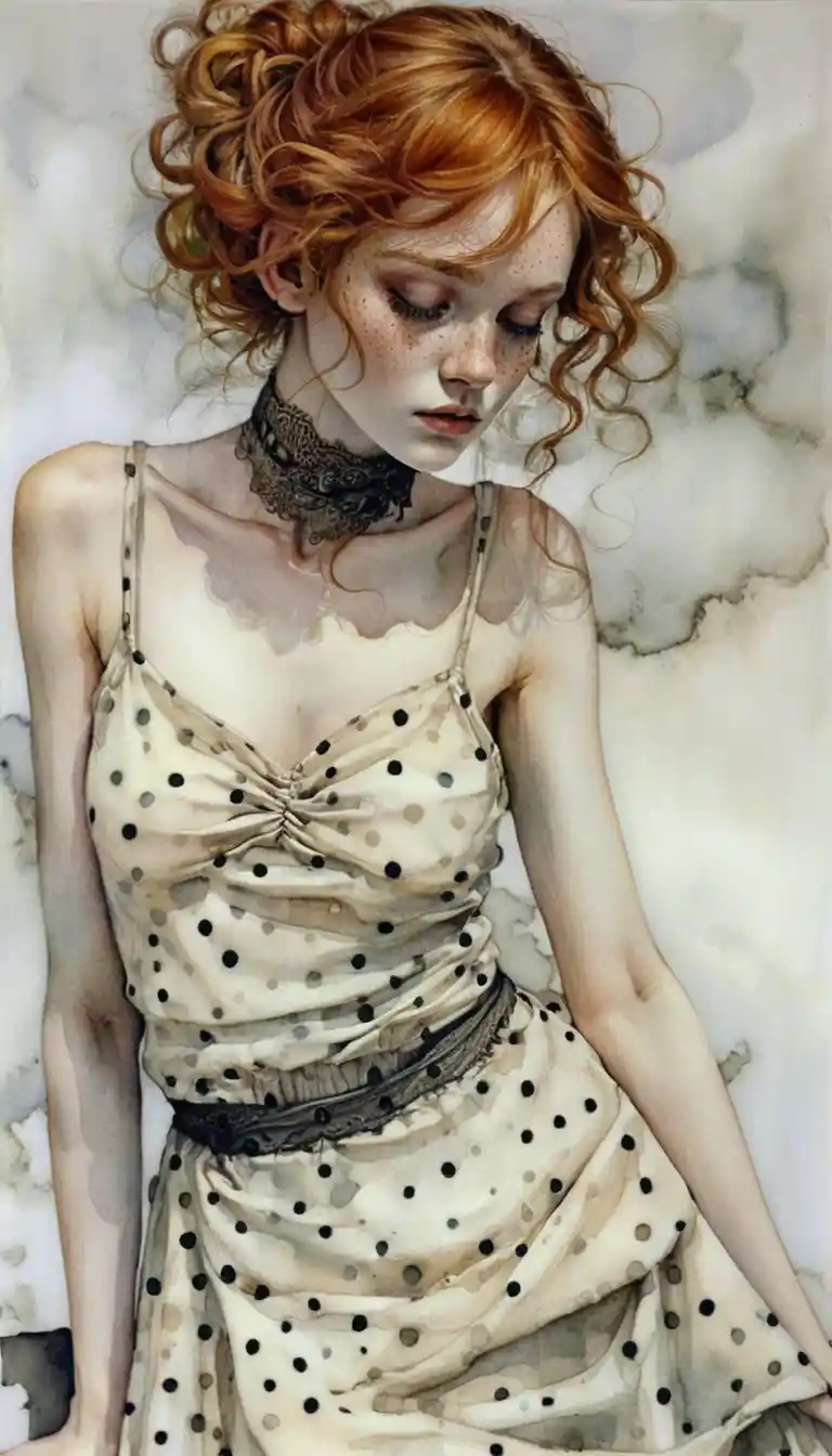 Melancholic red haired woman in yellow polka dot dress