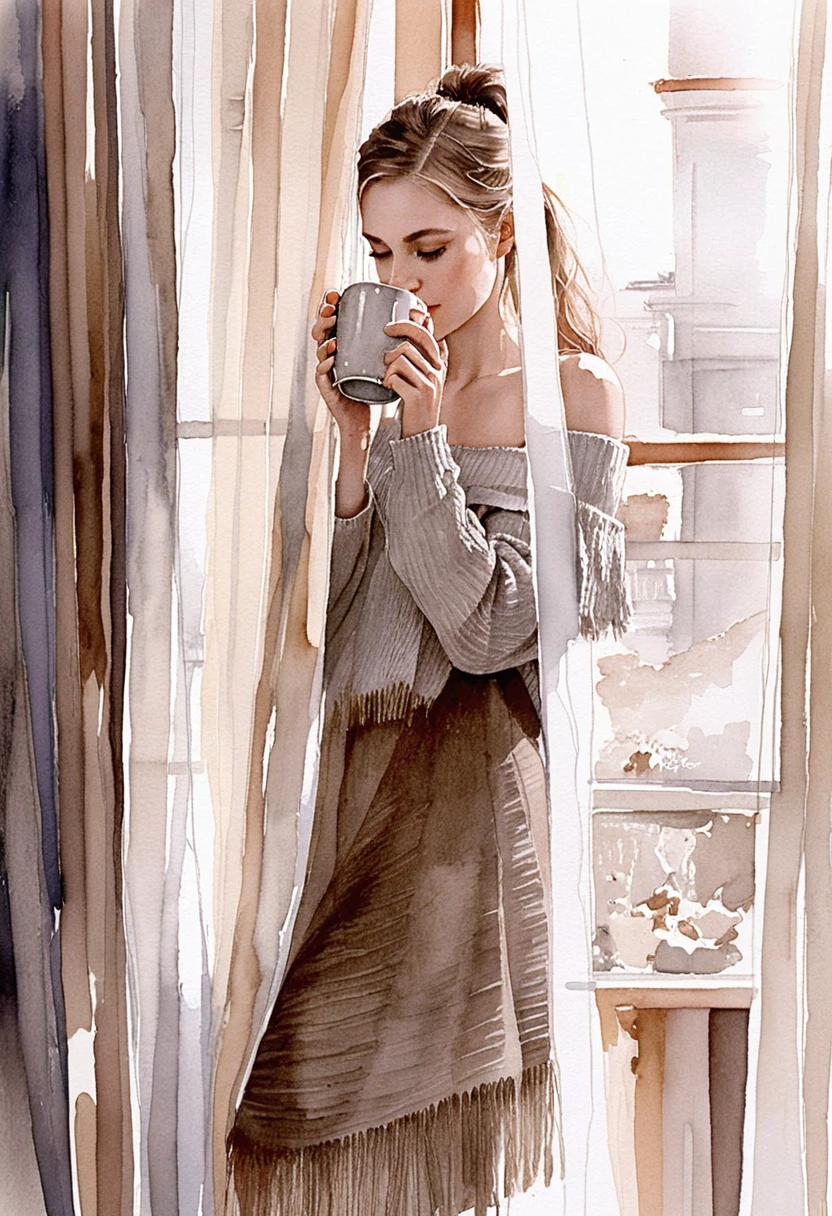 Woman by window in taupe knitwear sipping morning coffee