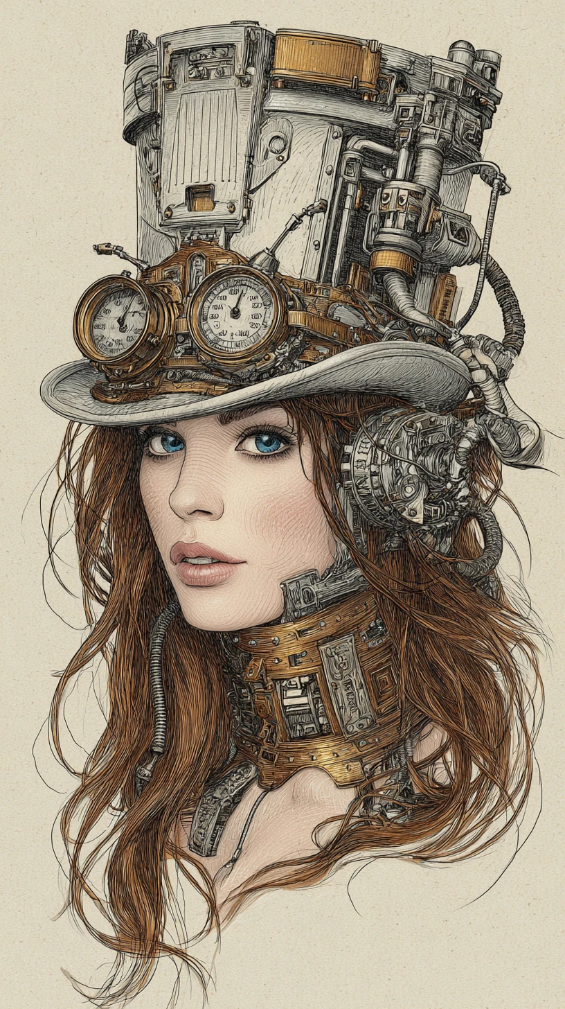 Mujer steampunk con cuerpo mecánico y sombrero de copa ornamentado