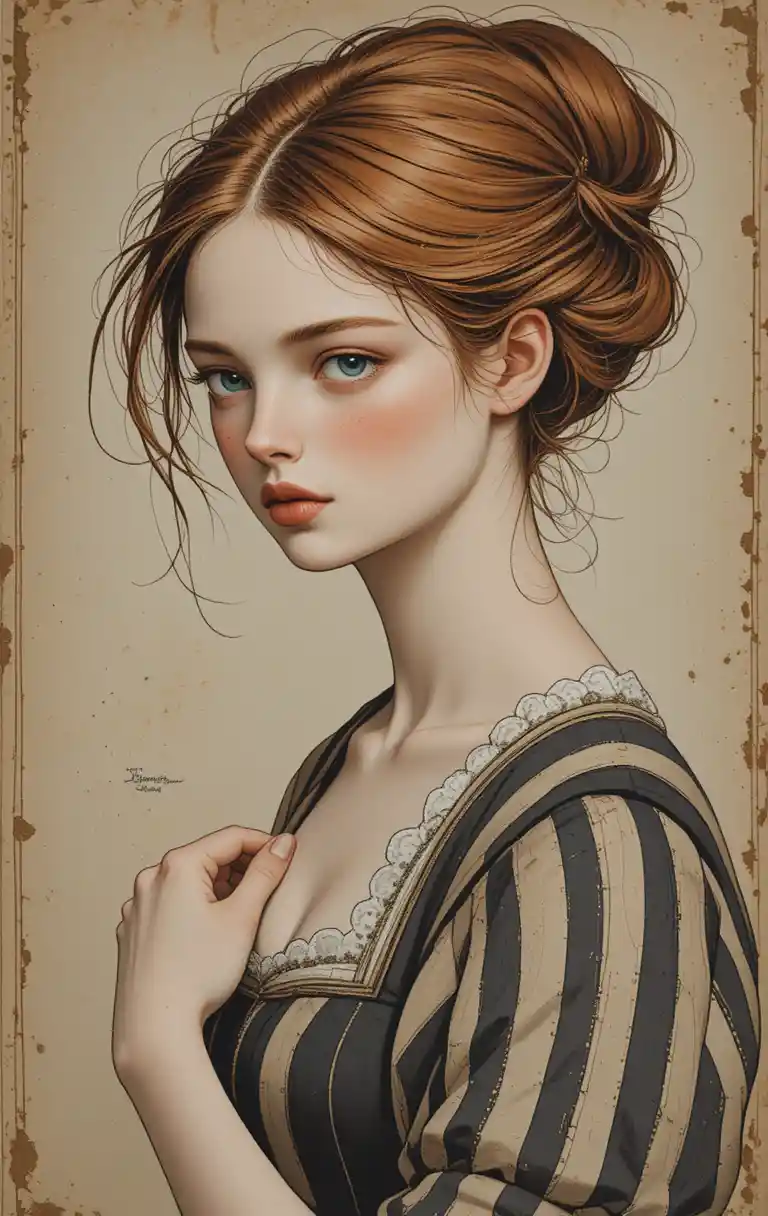 Renaissance style portrait of a red haired girl in stripes