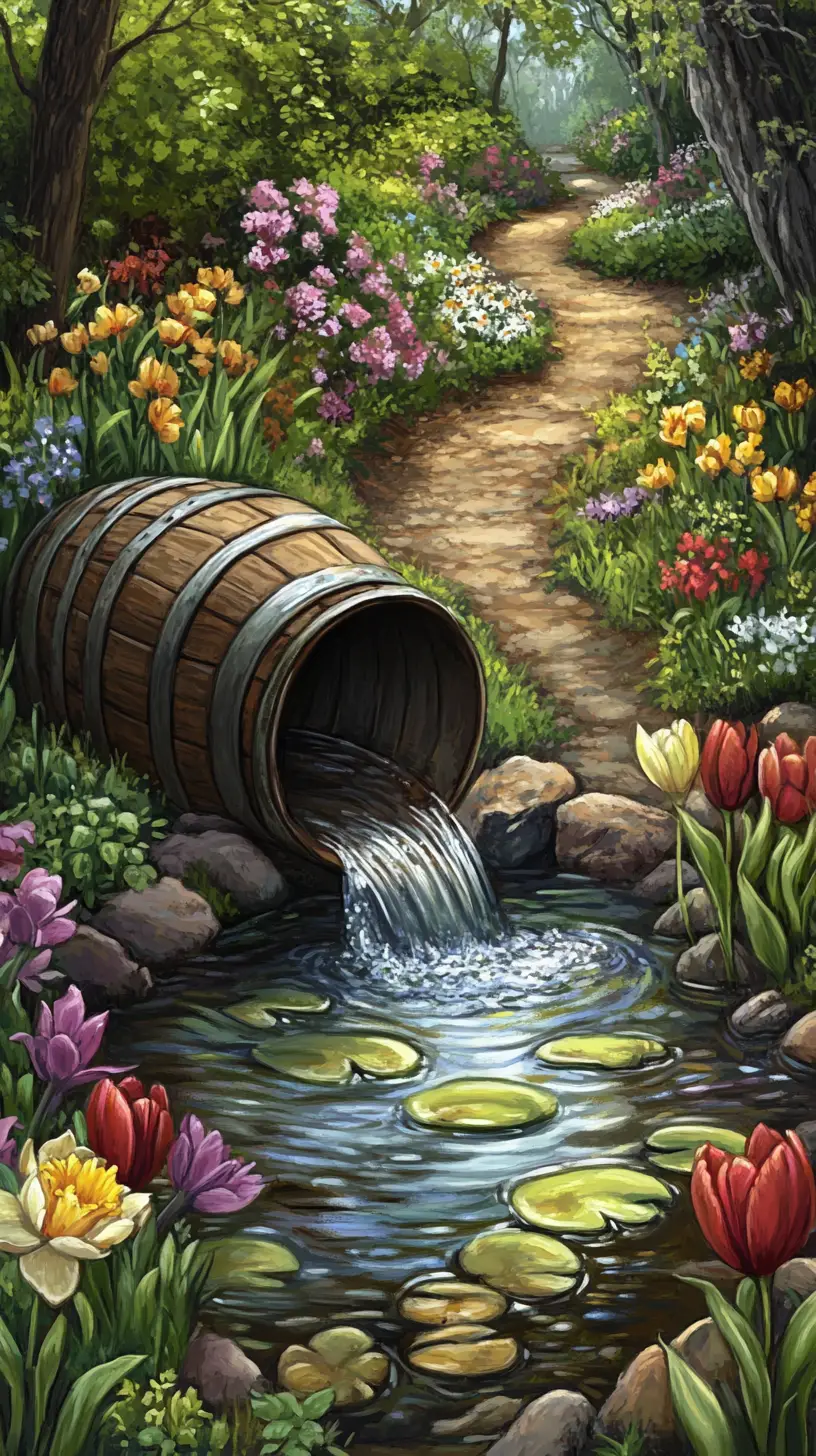 Whimsical woodland garden with stream and flowers