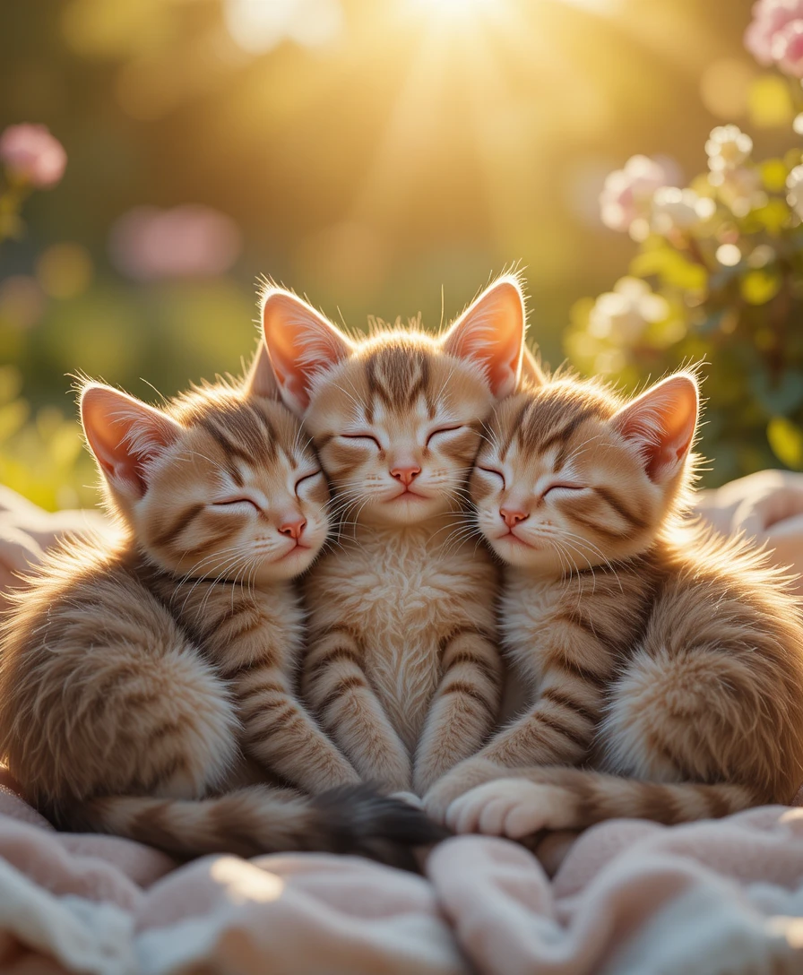 Tres gatitos dormidos acurrucados juntos bajo el cálido sol