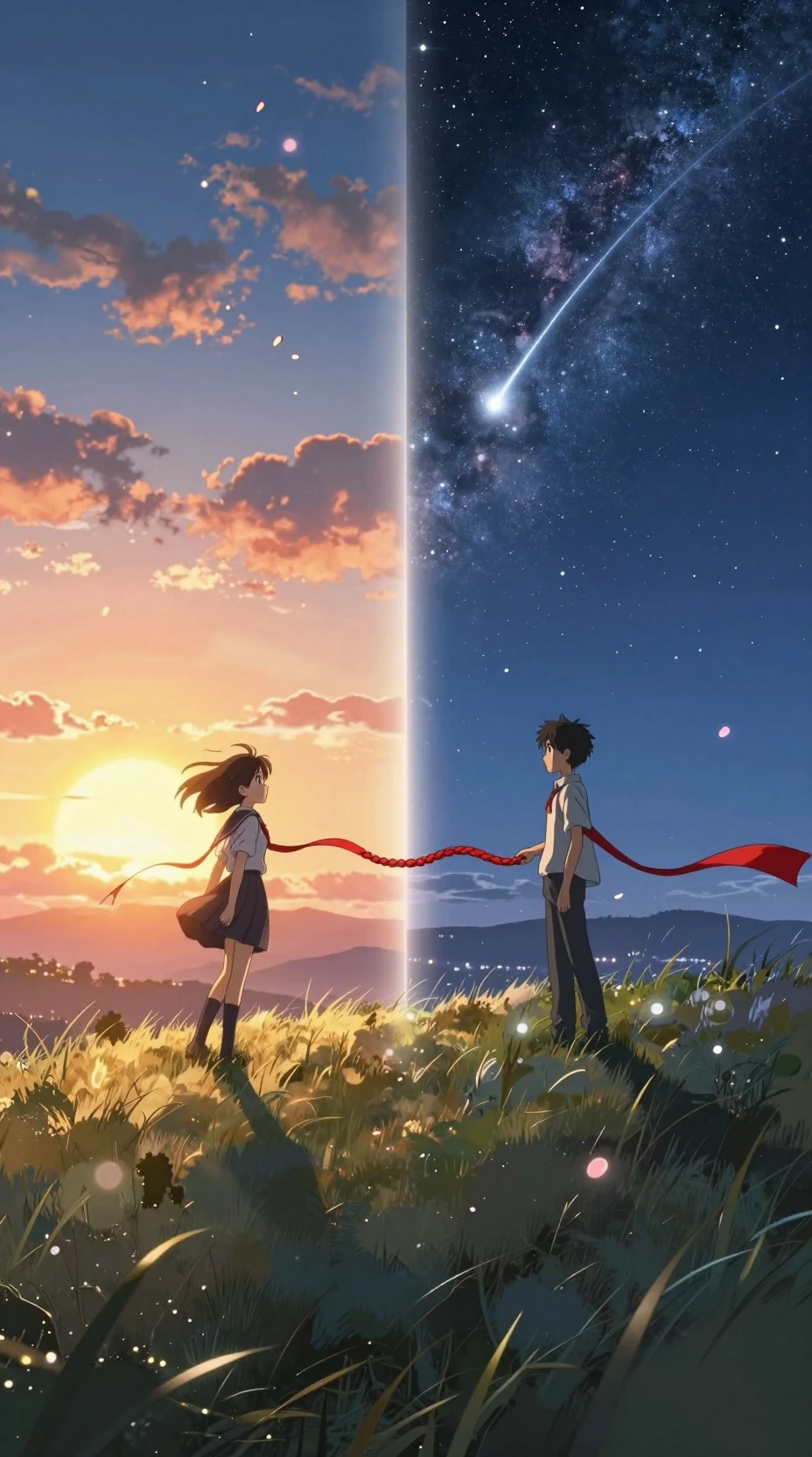 Anime teens divided by sunrise and starry night sky