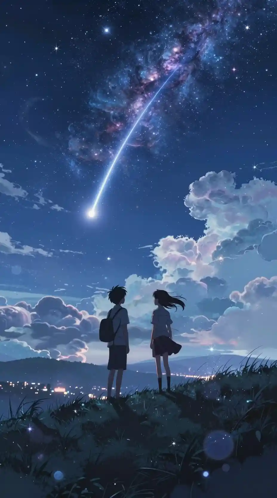 渦巻く夜空の下、丘に立つ二人の学生