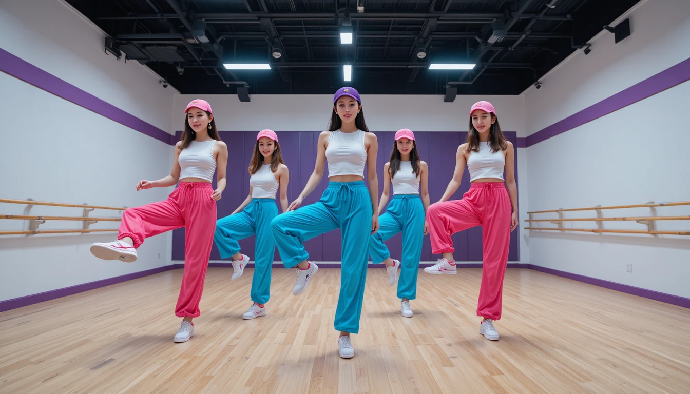 Bailarinas de K-pop llenas de energía posando en un estudio luminoso
