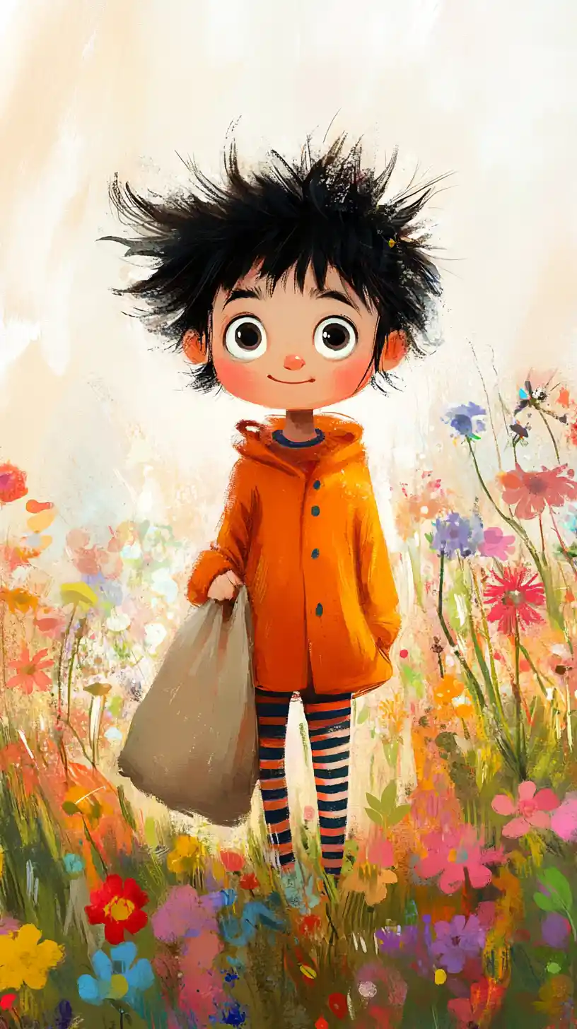 Young boy in orange coat among spring flowers