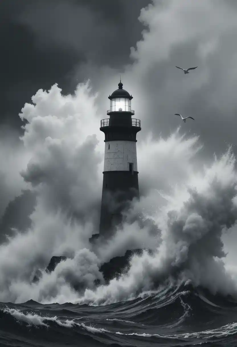 Solitary lighthouse battling immense storm waves at sea