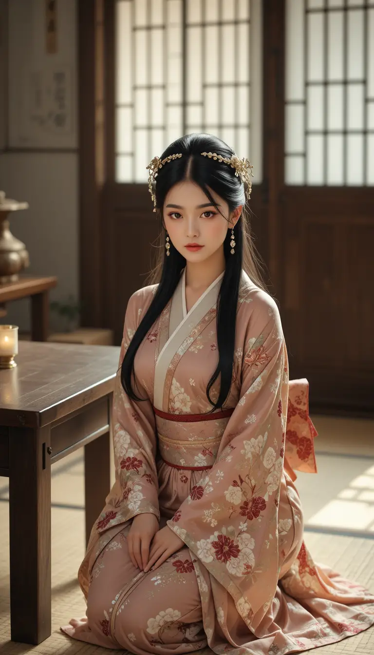 Japanese woman in kimono kneeling in traditional tatami room
