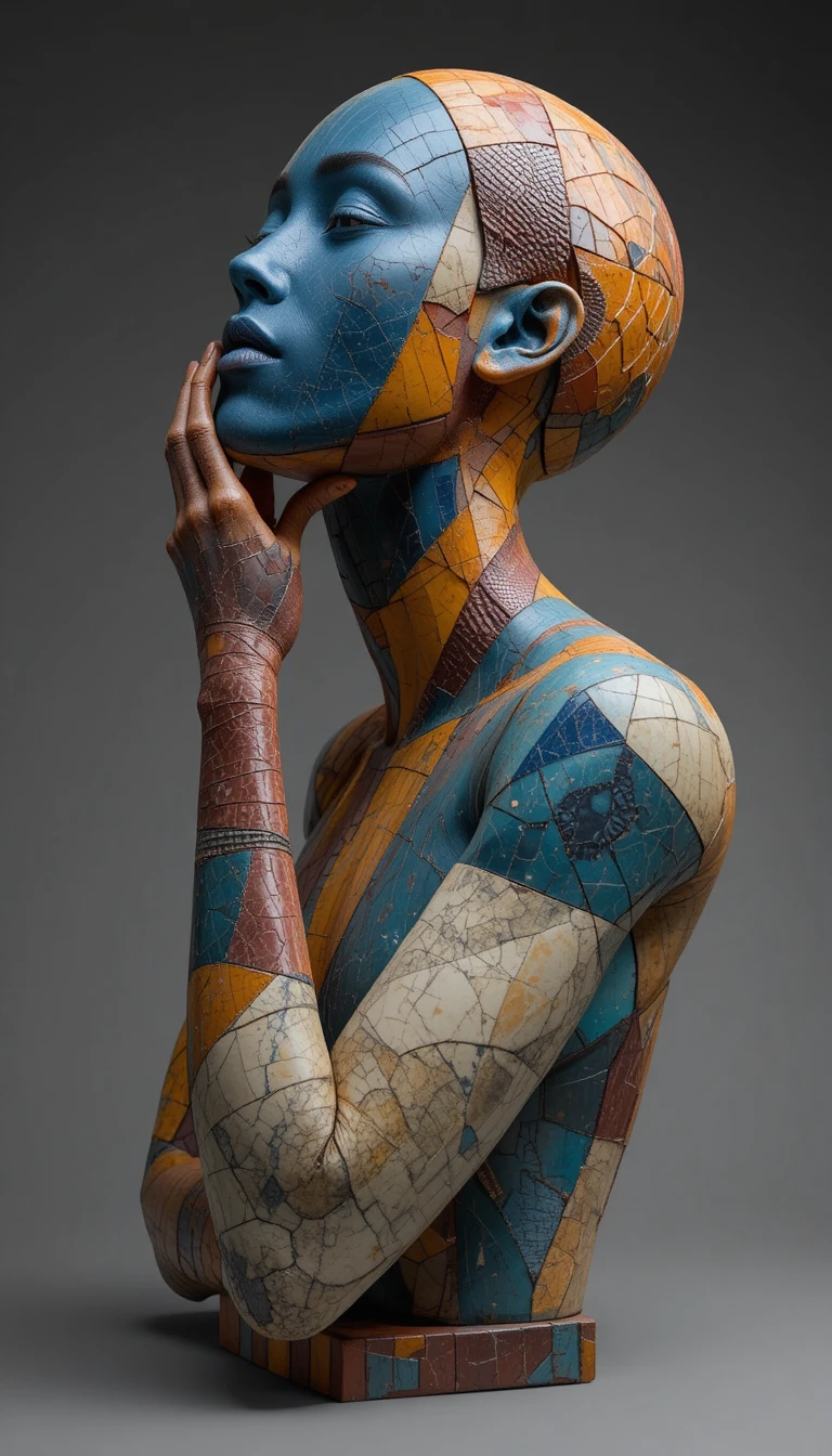 Menschliche Mosaikskulptur in nachdenklicher Pose aus der Nähe