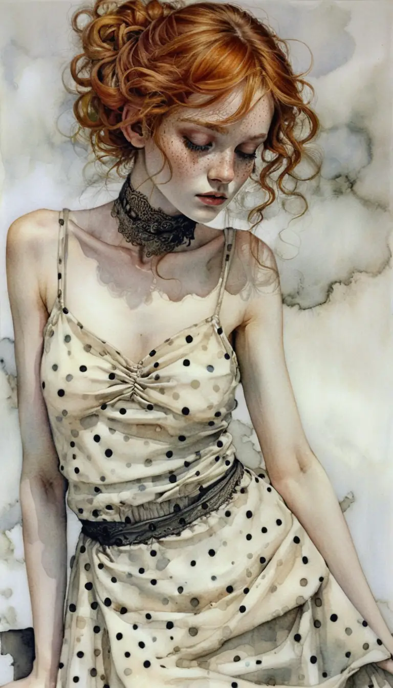 Melancholic red haired woman in yellow polka dot dress