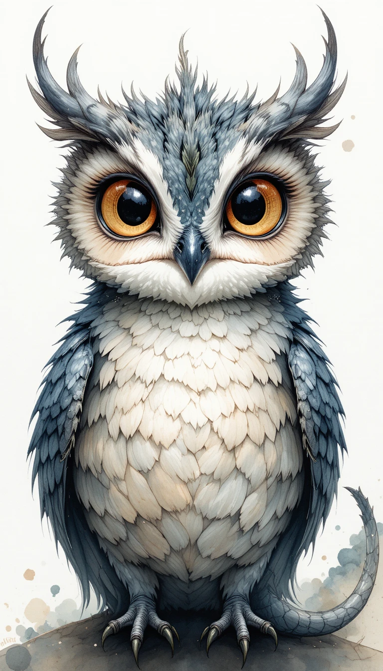 Aquarela onírica de uma pequena coruja sorridente com olhos brilhantes