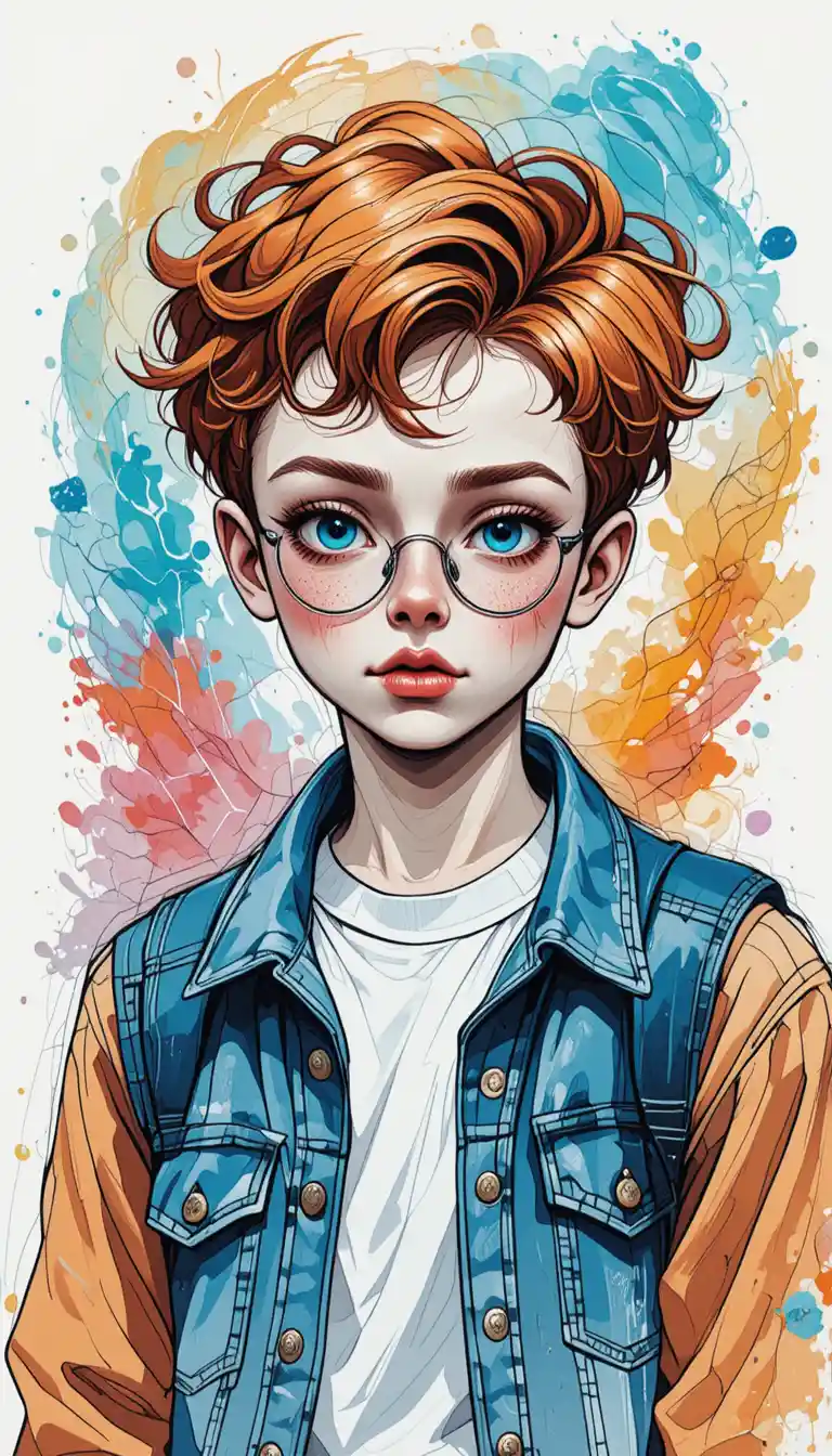 Freckled red haired boy with glasses in watercolor portrait