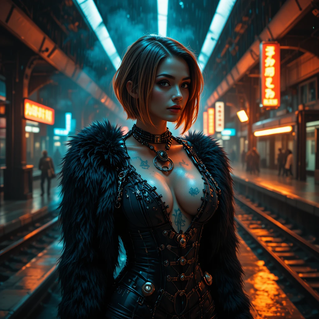 Noir femme fatale under neon lit monorail station