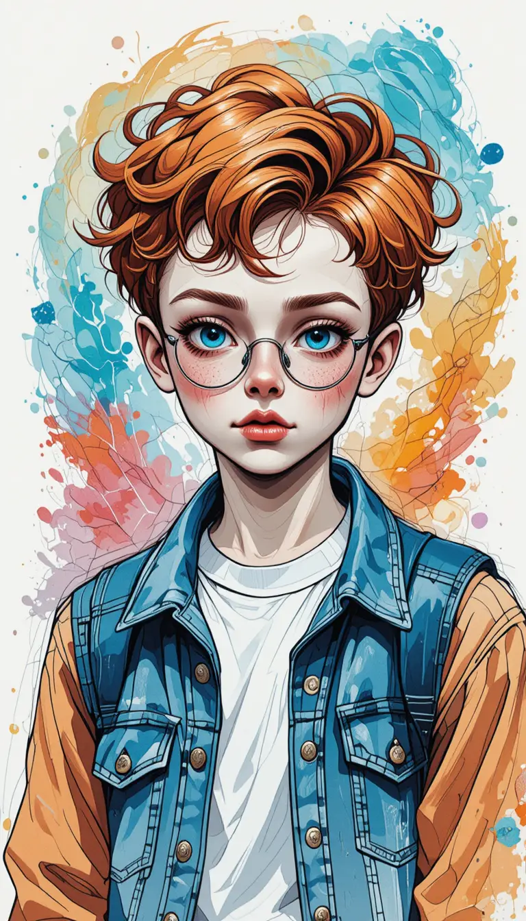 Garçon roux aux taches de rousseur avec lunettes en portrait aquarelle