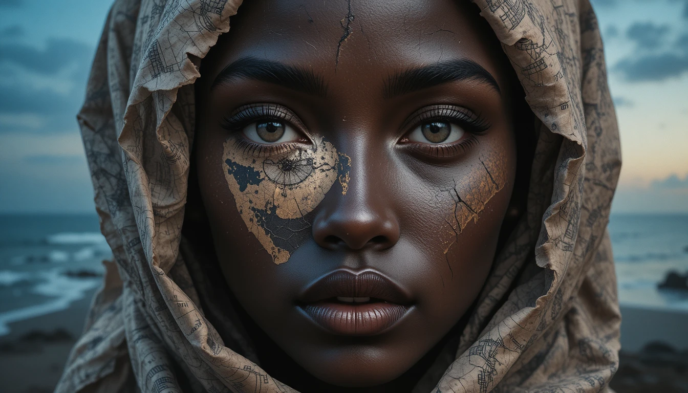Surreales Porträt einer afrikanischen Frau als Zeit und Kosmos