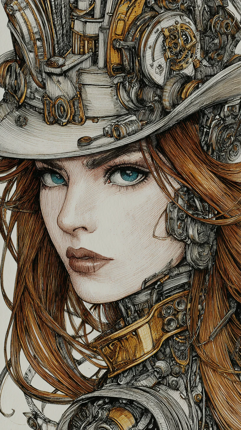 Mujer steampunk con cuerpo mecánico y sombrero de copa ornamentado