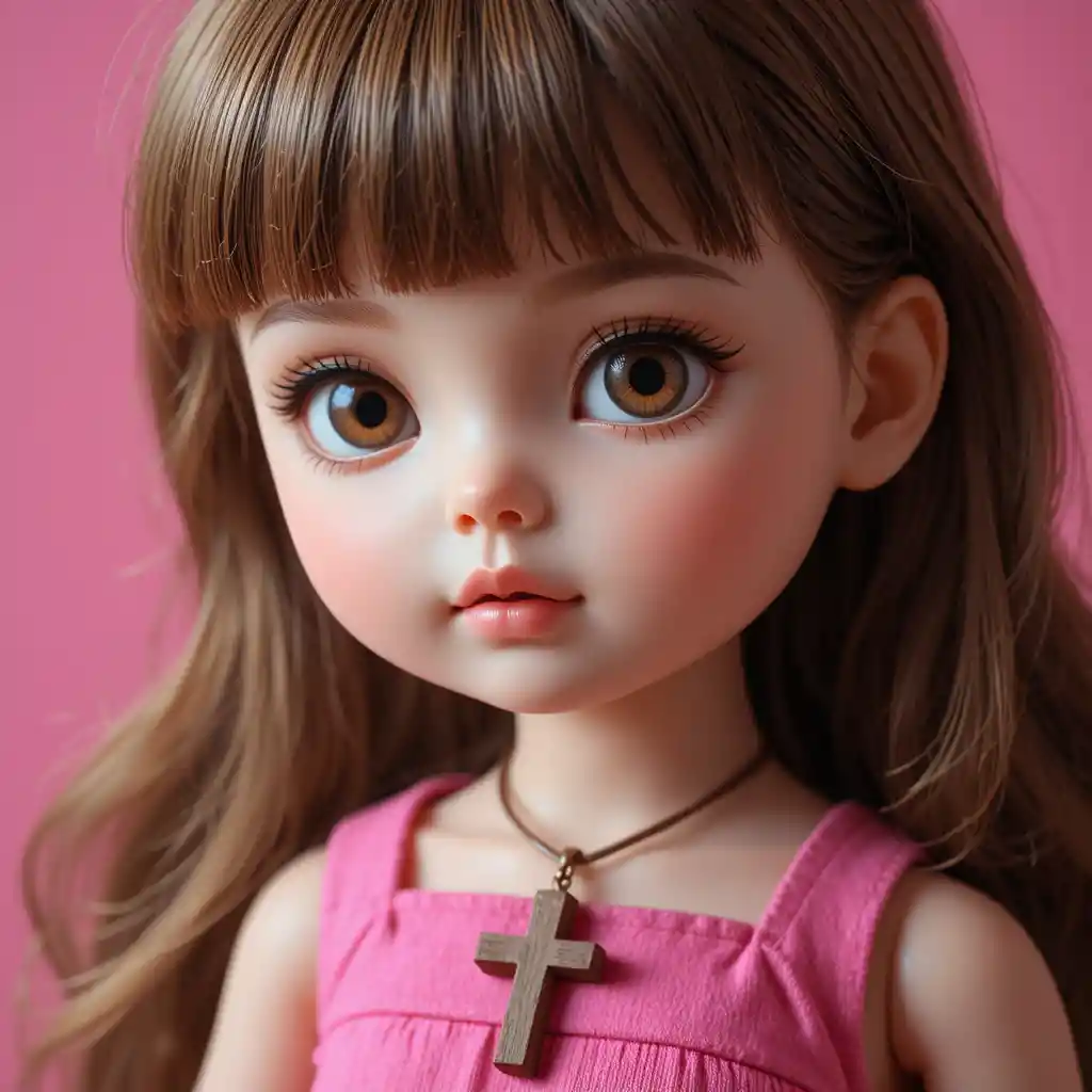 Brown haired doll in pink dress against soft pink backdrop