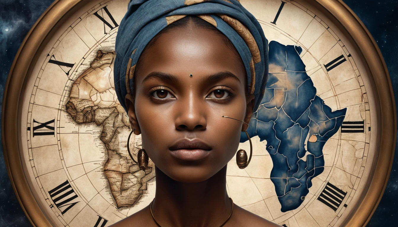 Surreal portrait of an African woman divided by time and cosmos