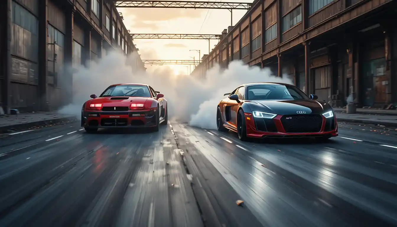 Carros esportivos de drift correndo por uma rua industrial esfumaçada