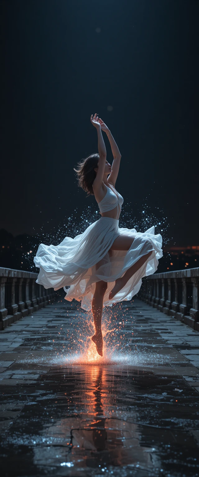 Woman leaping in white dress on a dark stone bridge