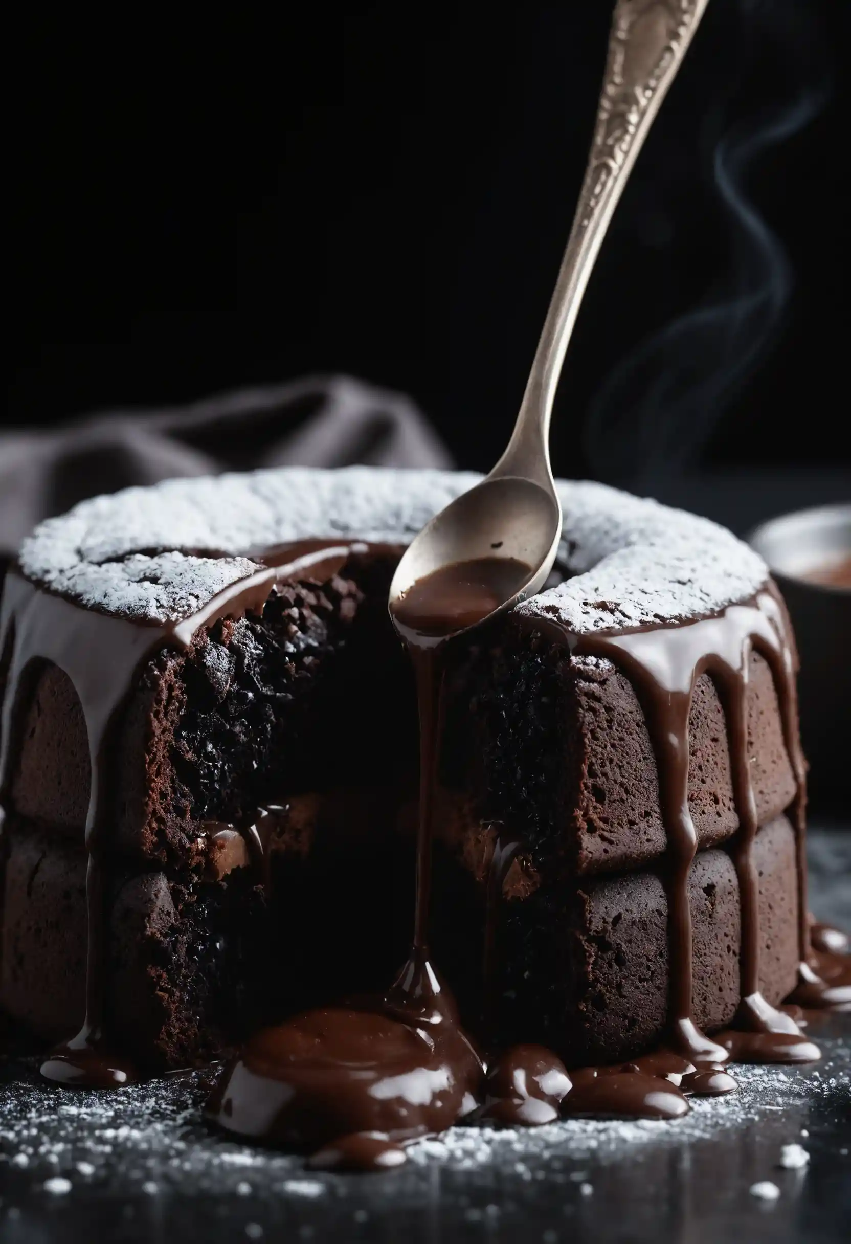 Close up of molten chocolate lava cake with spoon