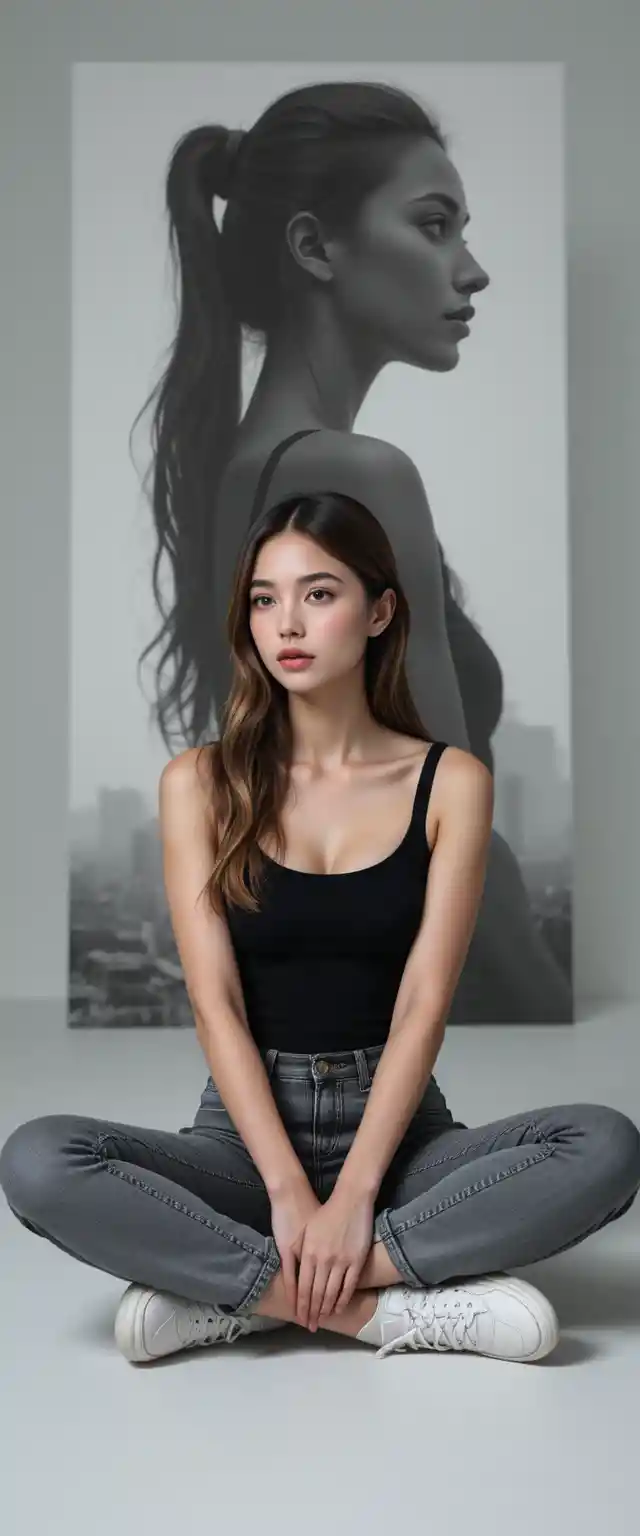 Young woman sitting cross legged in minimalist studio portrait