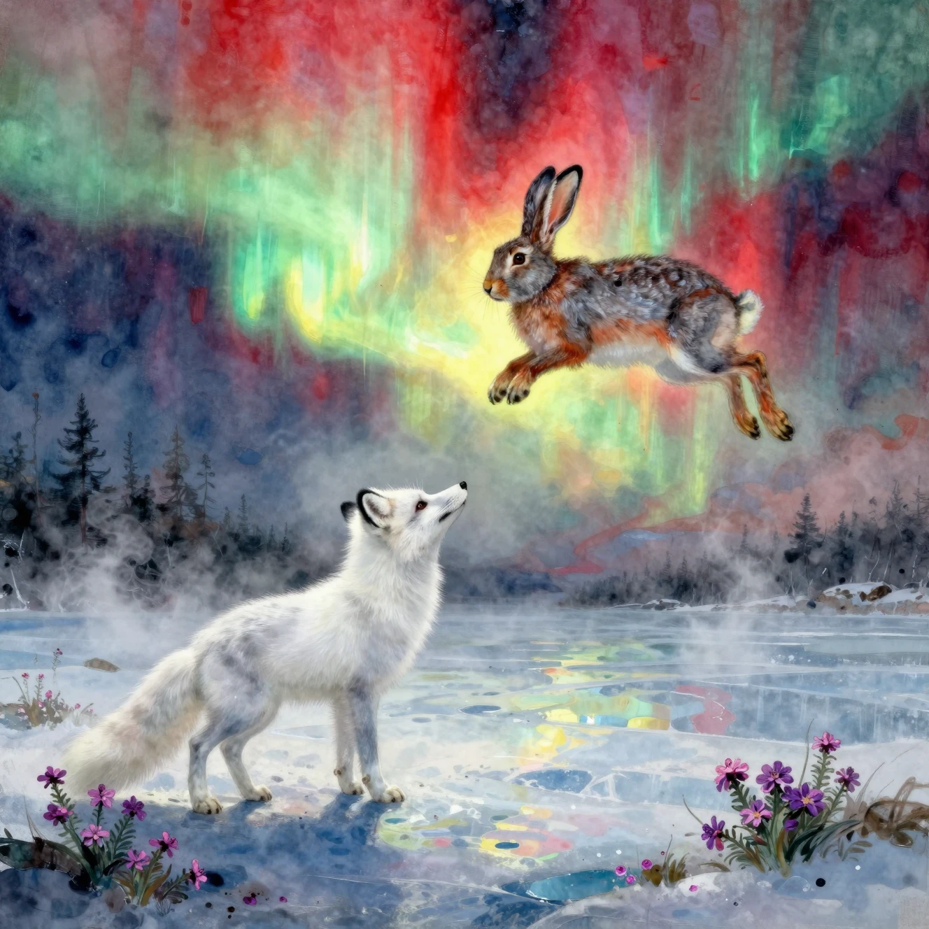 Arctic fox watching a leaping hare under glowing aurora