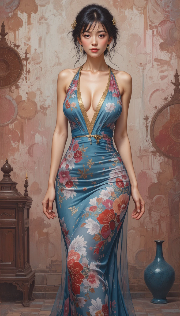 Asian woman in silk qipao gouache fashion painting