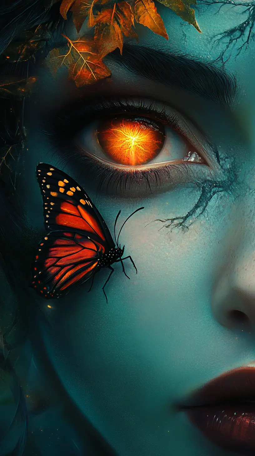 Surreal Woman Portrait With Amber Eye And Butterfly