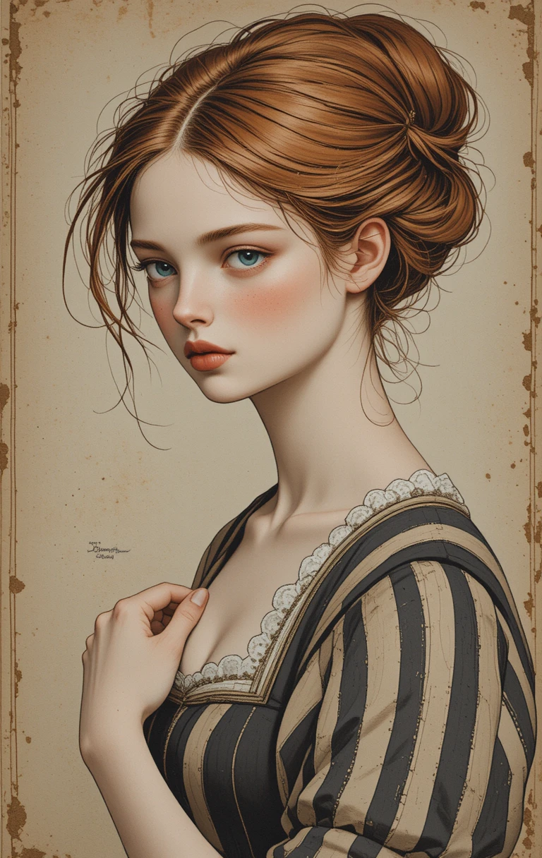 Renaissance style portrait of a red haired girl in stripes