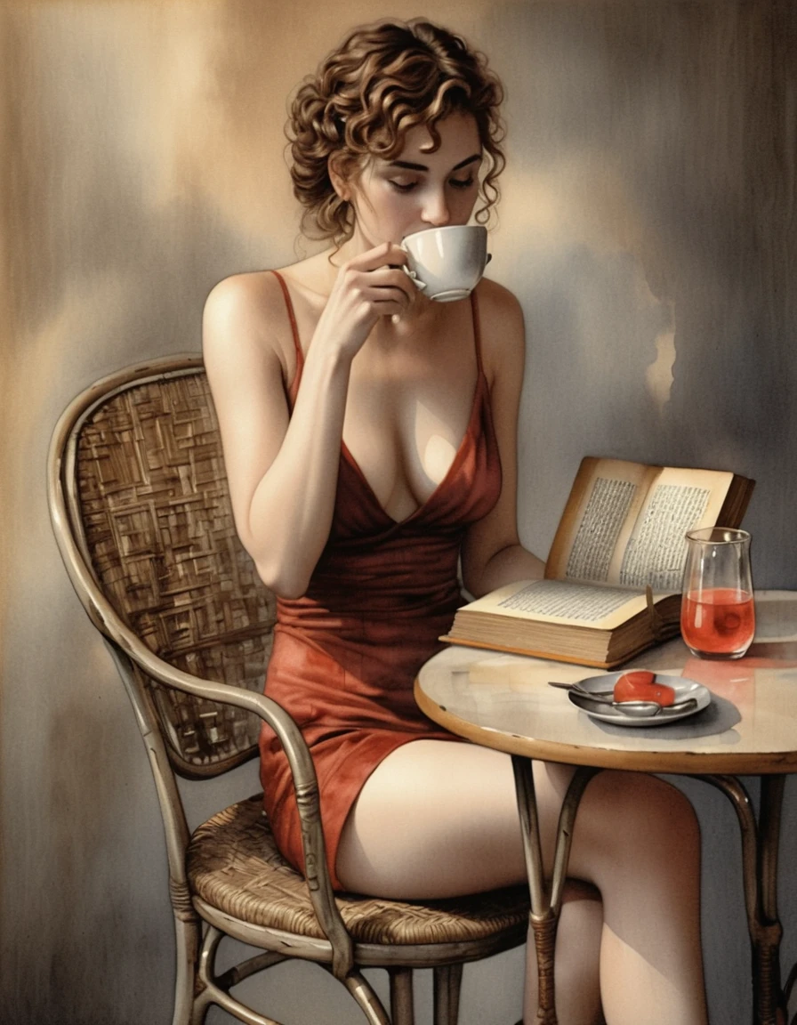 Donna che Legge a un Tavolino da Caffè in Stile Vintage ad Acquerello