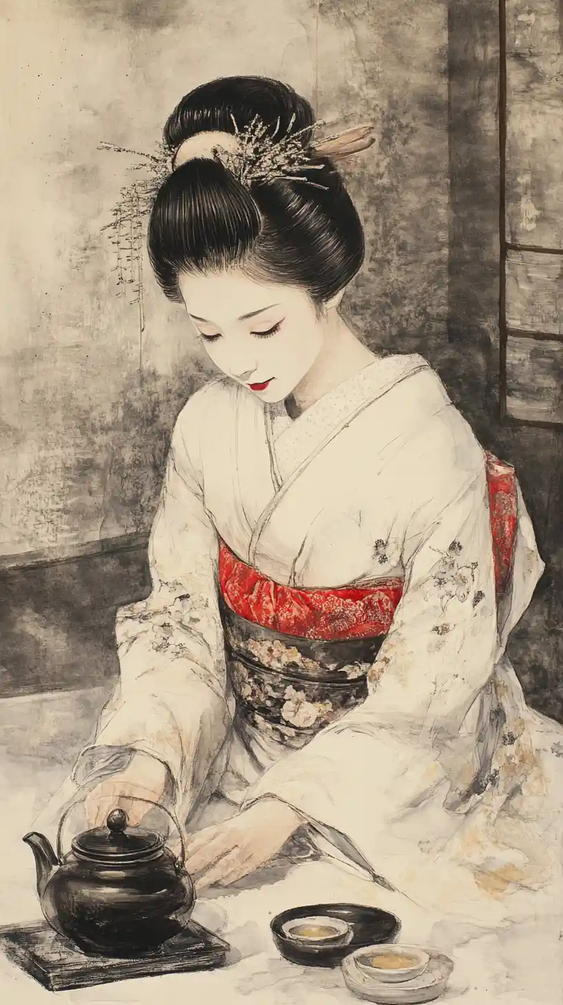 Asian geisha in white kimono with teapot in seiza pose