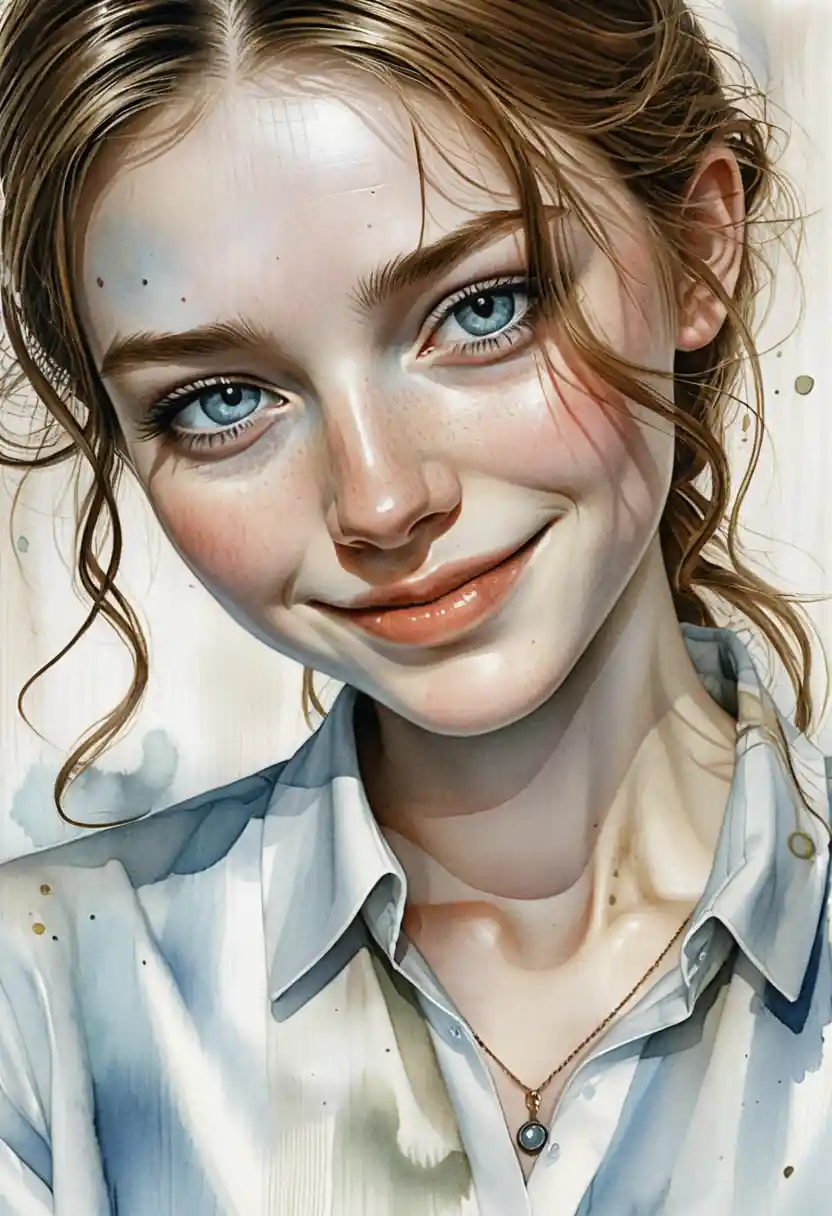 Top down portrait of a freckled auburn haired young woman