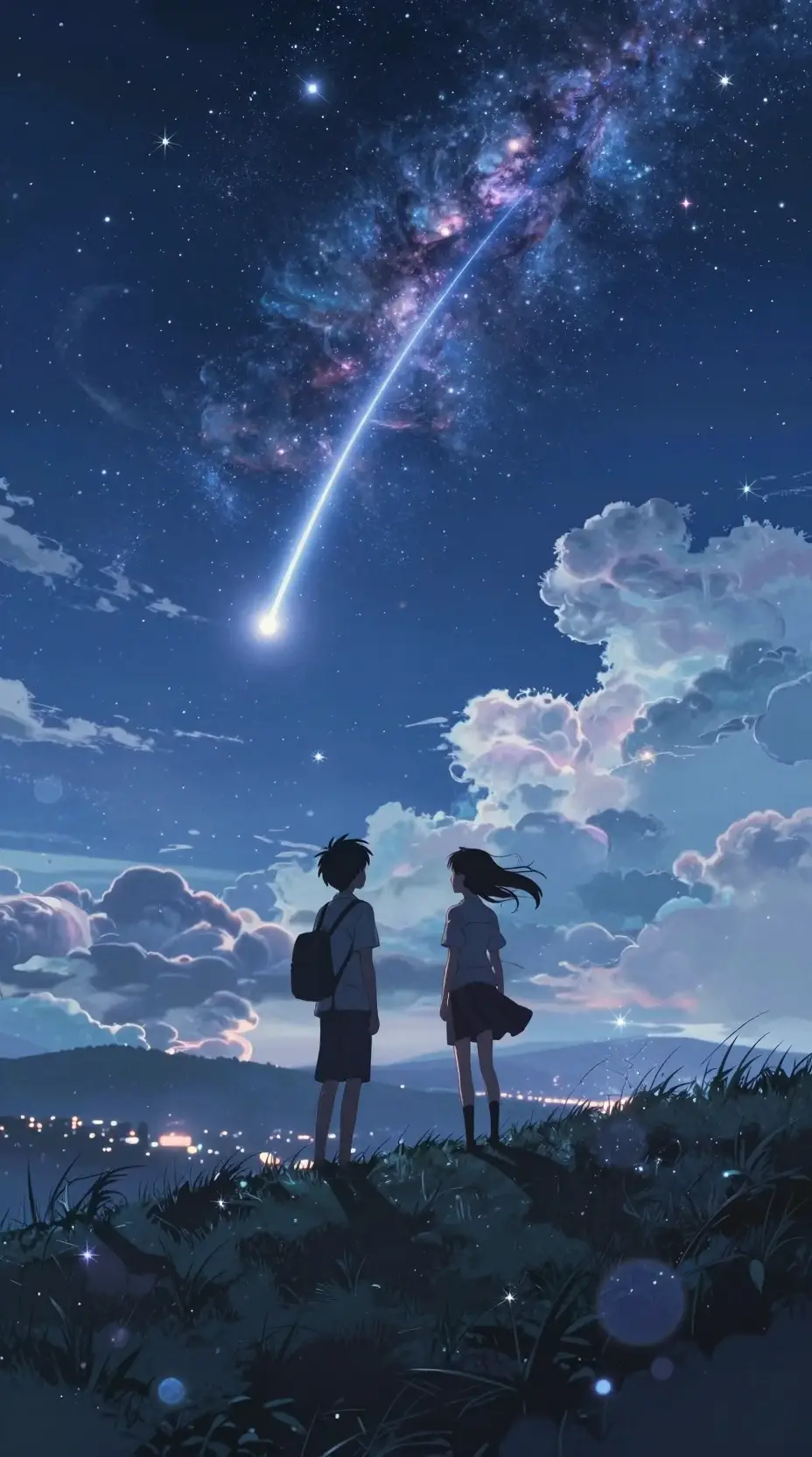 Due studenti su una collina sotto un cielo notturno vorticoso