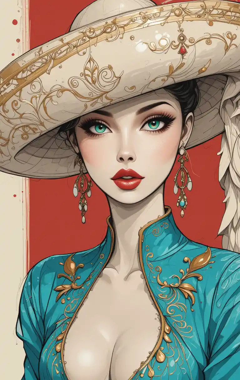 Elegant woman in charro hat fashion illustration portrait