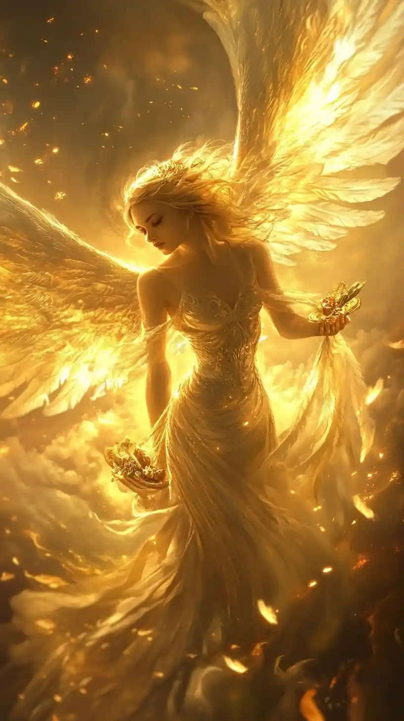 Mystical winged woman bird hybrid soaring in golden sky