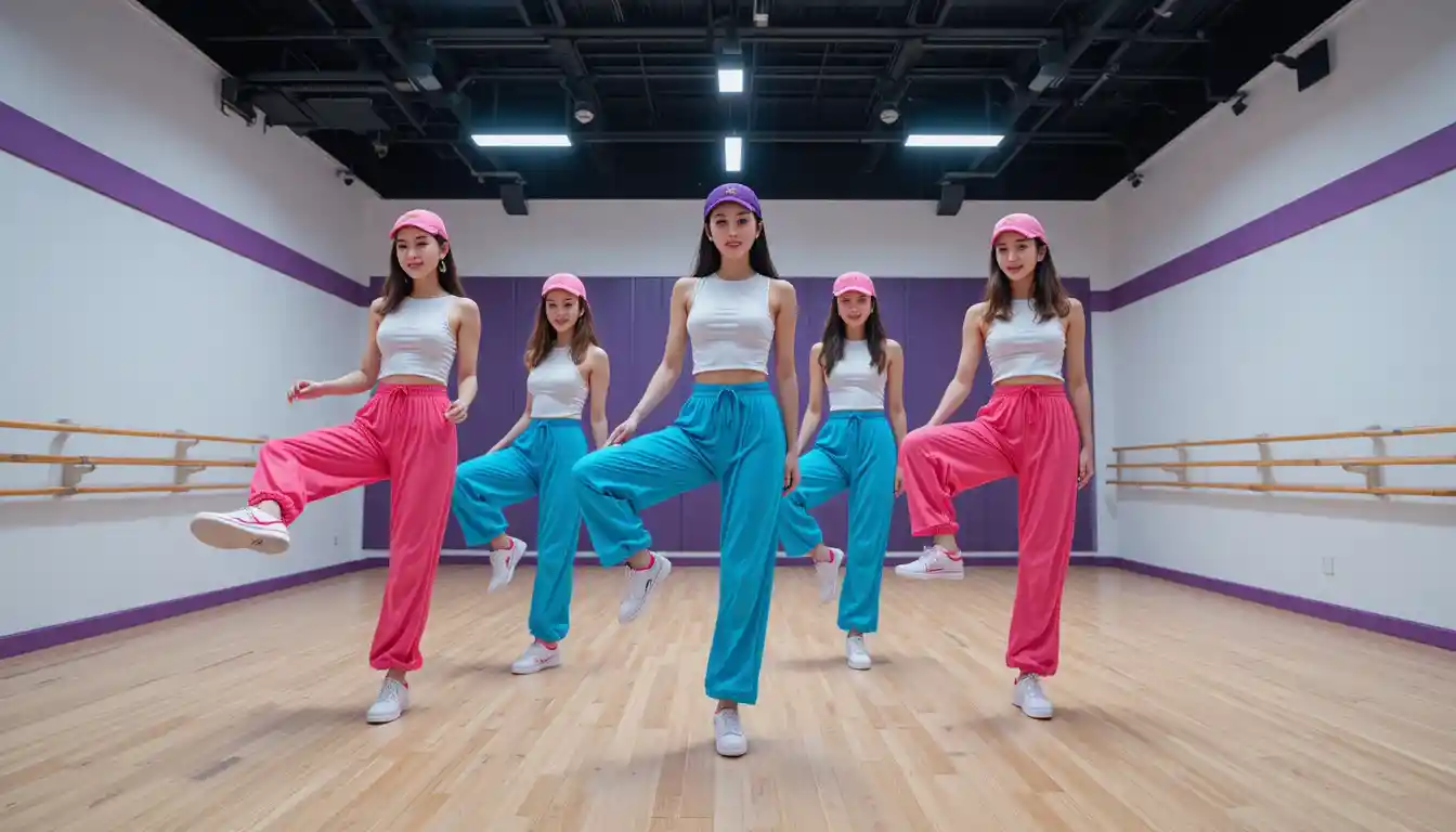 明るいスタジオでポーズをとるエネルギッシュなK-POPダンサー