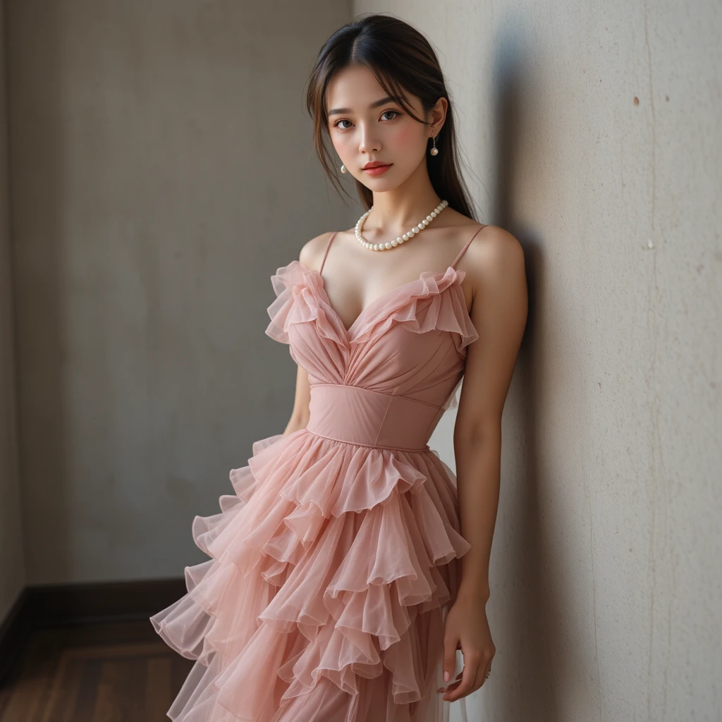 Korean woman in pink frill dress with intimate hazel gaze