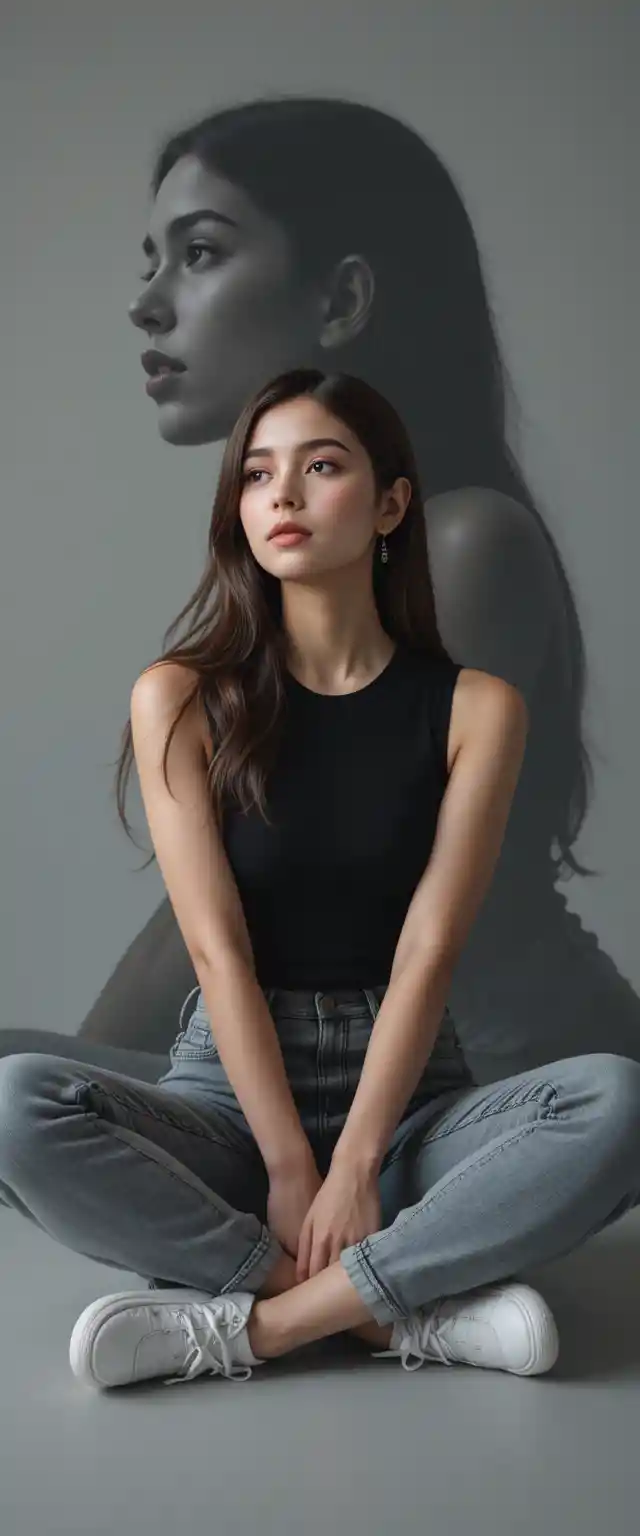 モダンなスタジオであぐらをかいて座る若い女性のポートレート