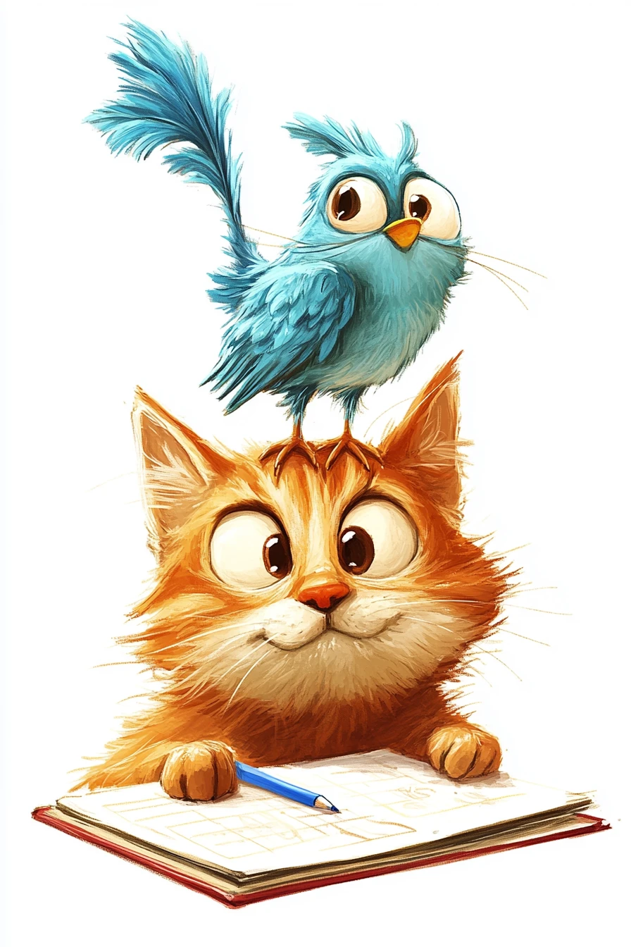 Cartoon-Blauwaldvogel auf orangefarbenem Tabby-Kater, der Notizen macht