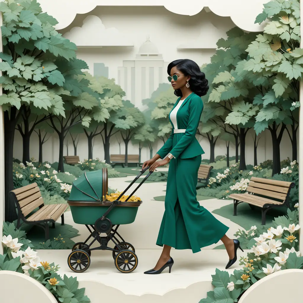 Elegant woman strolling with stroller in paper cut park