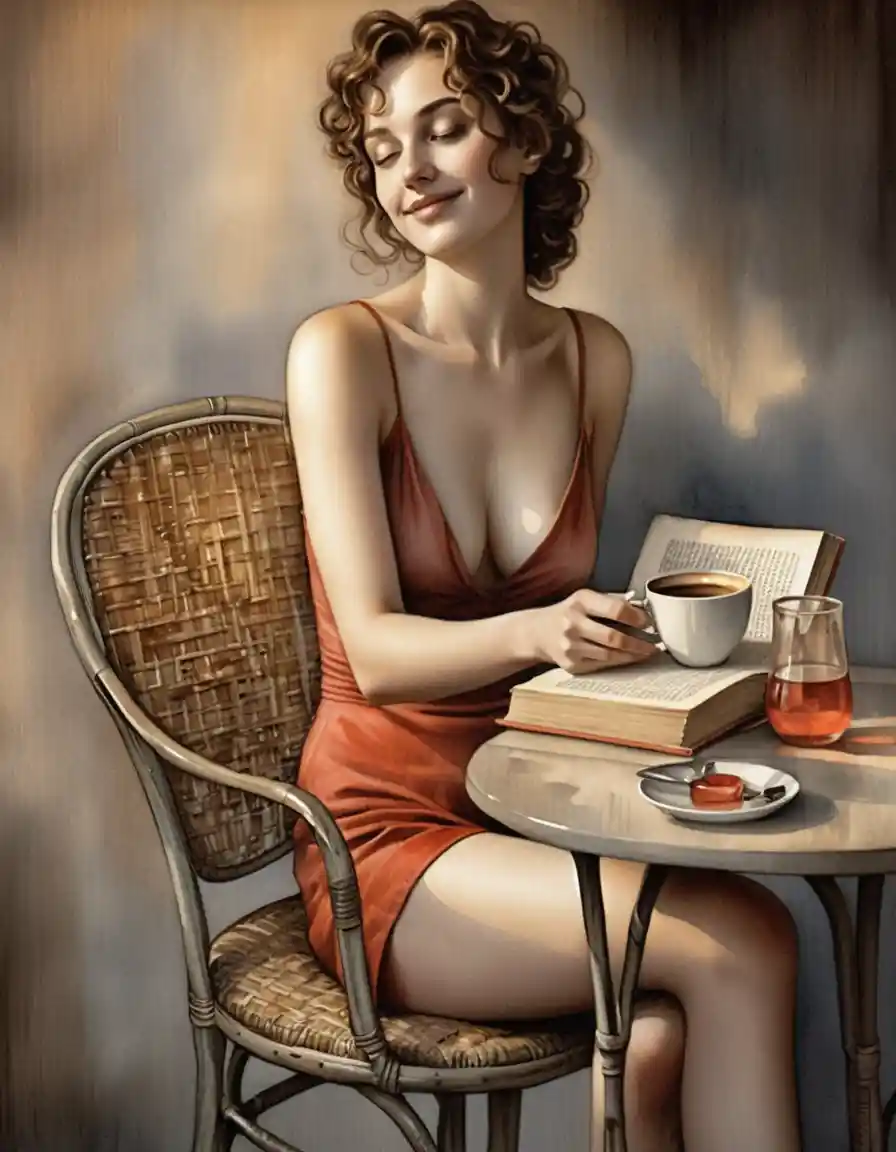 Woman Reading At A Cozy Vintage Watercolor Cafe Table