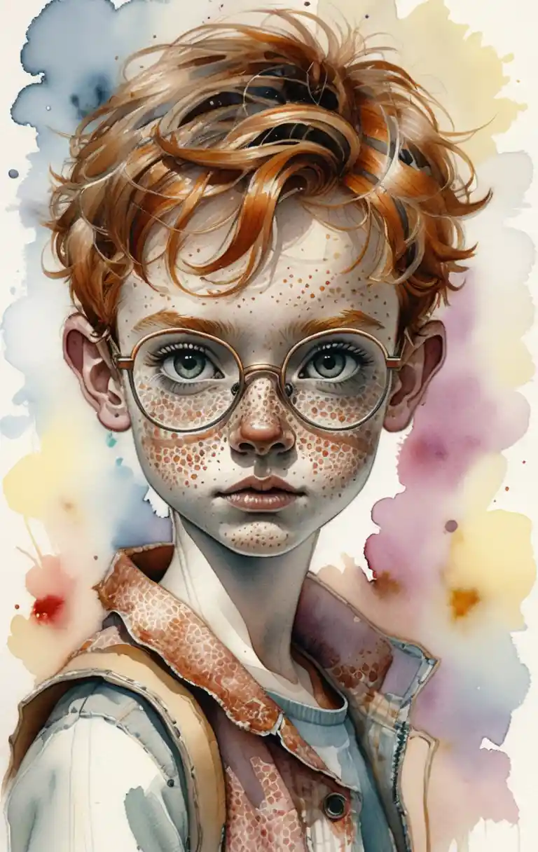 Freckled red haired boy with glasses in watercolor portrait