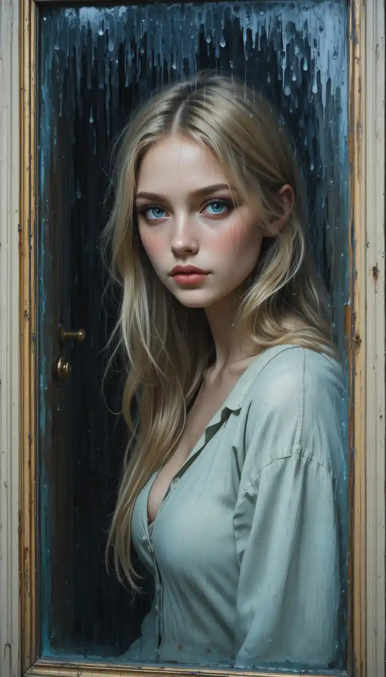 Young woman behind a rain covered window indoors