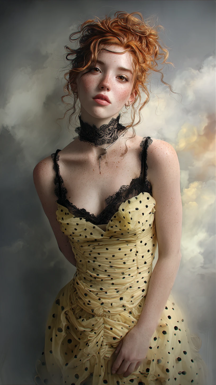 Freckled red haired woman in yellow dress against misty sky