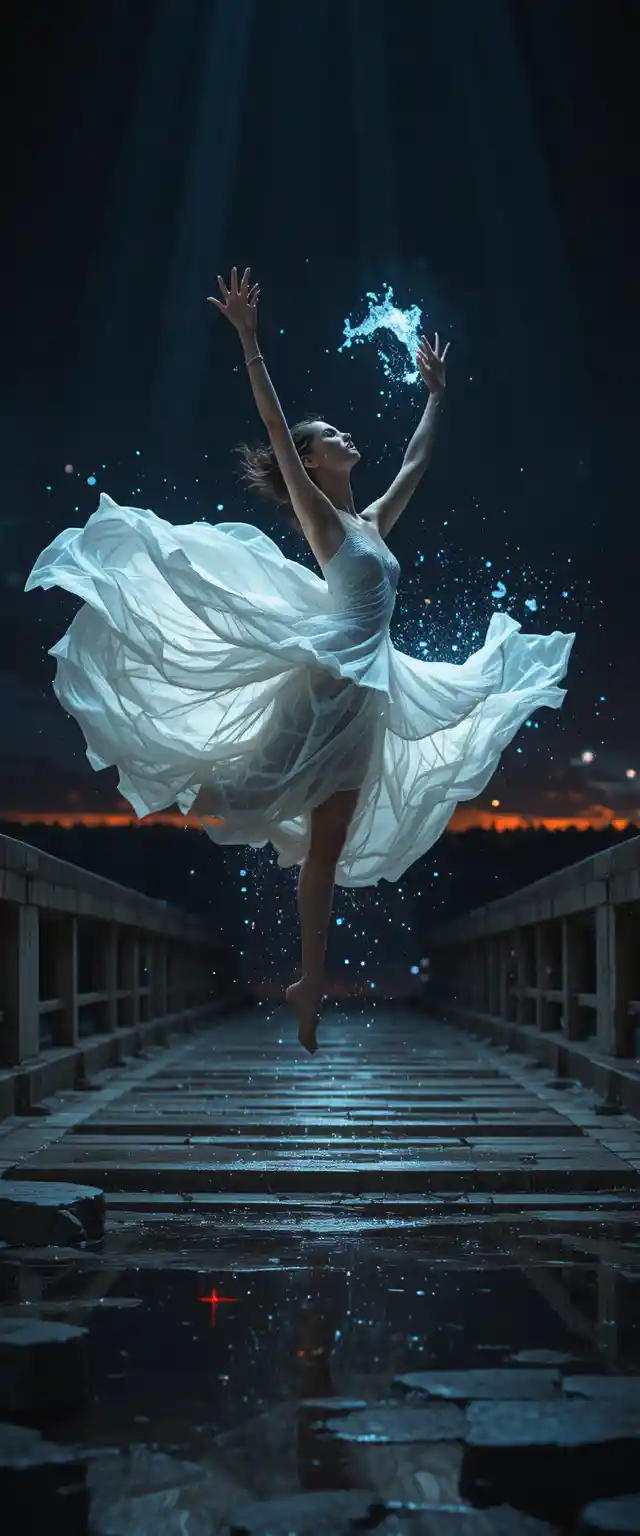 Woman leaping in midair on a dark stone bridge